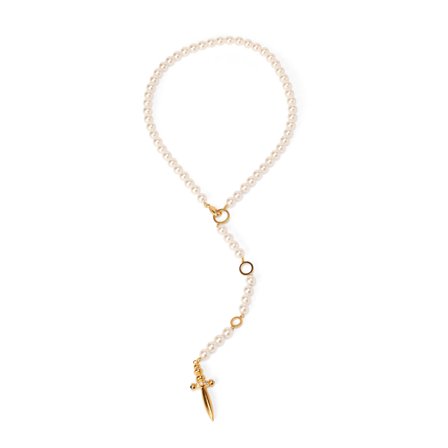 Romeo Romeo Dagger Necklace, a white crystal pearl and dagger charm necklace in gold.
