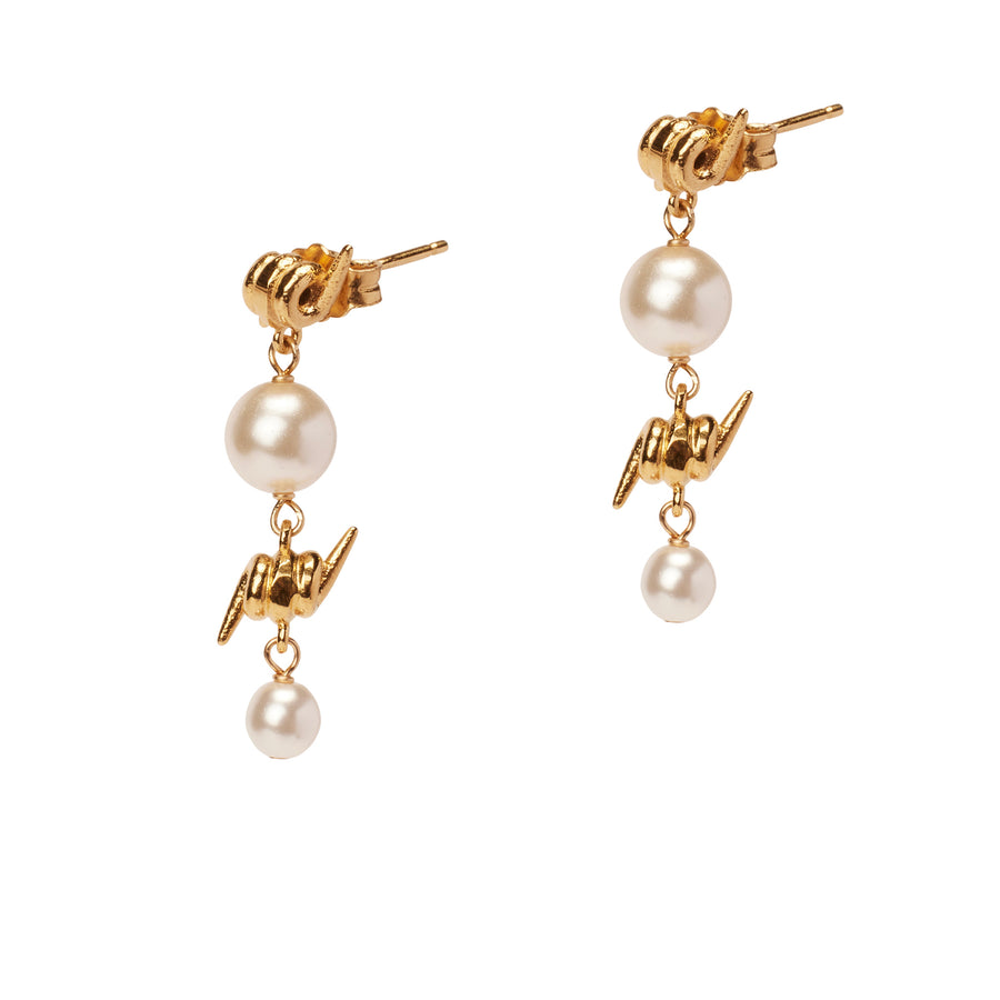 Forbidden Truths Double Drop Earrings, white crystal pearl and barbed wire drop dainty earrings in gold.