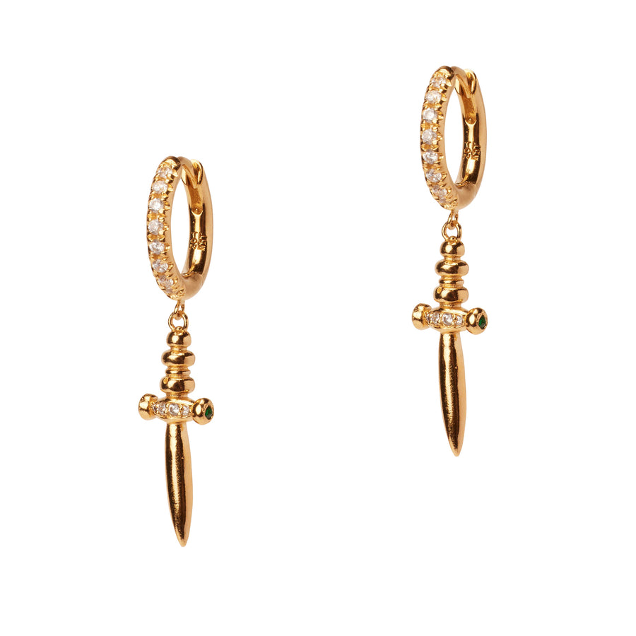 Crystal paved huggie hoop gold earrings with a dagger charm