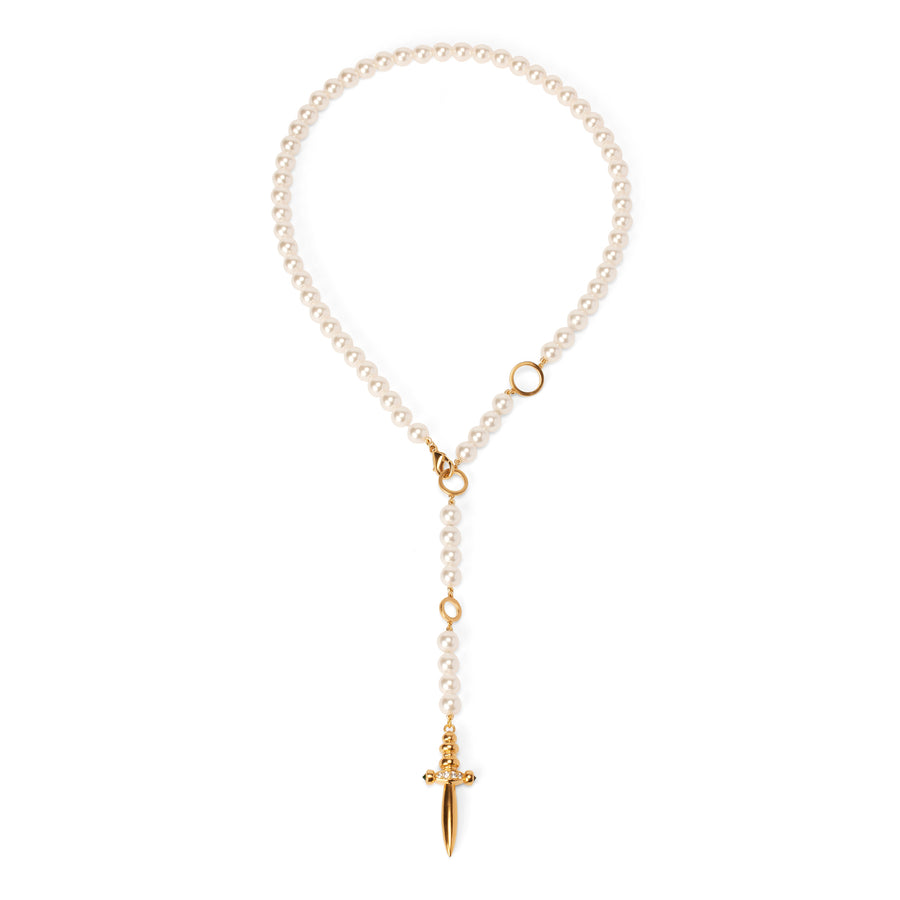 Romeo Romeo Dagger Necklace, a white crystal pearl and dagger charm necklace in gold.