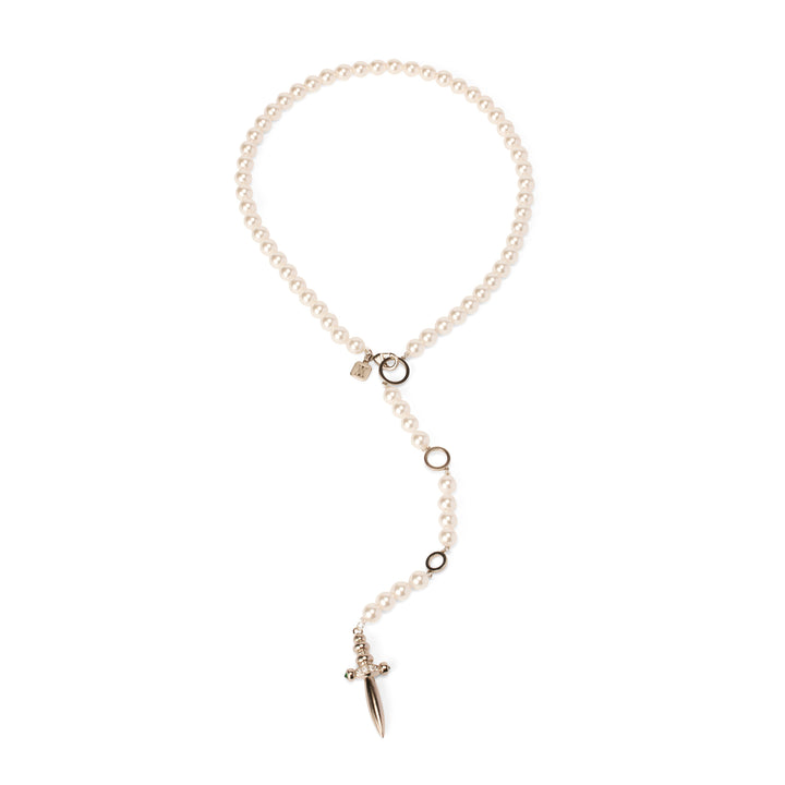 Romeo Romeo Dagger Necklace, a white crystal pearl and dagger charm necklace in silver.
