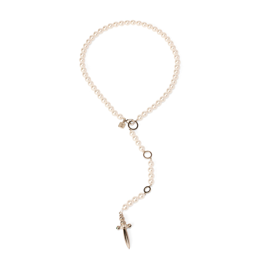 Romeo Romeo Dagger Necklace, a white crystal pearl and dagger charm necklace in silver.