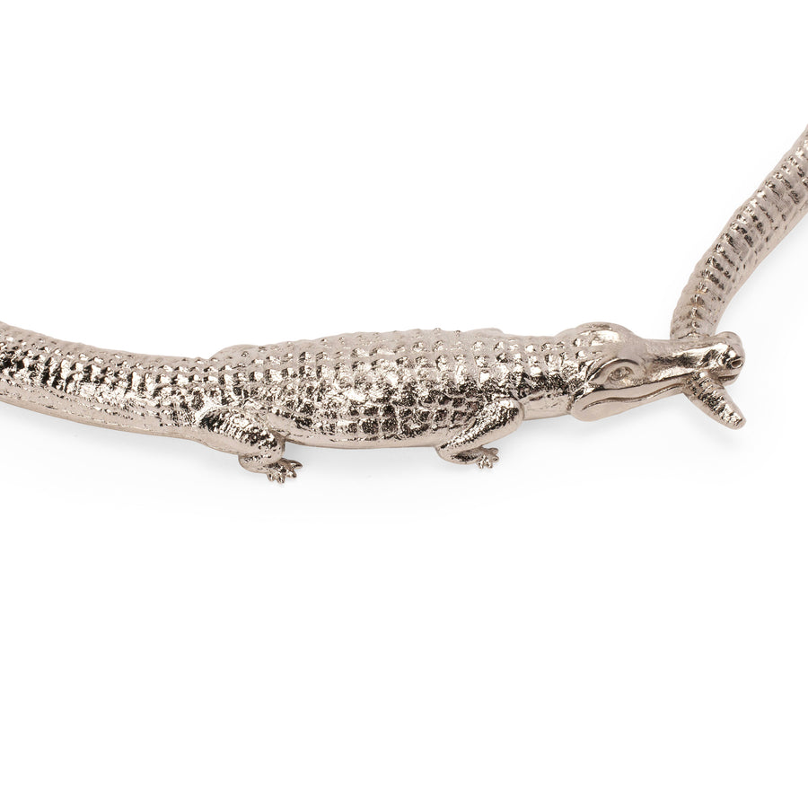 Closeup of the crocodile detailing on the Croc Kingdom Collar in silver