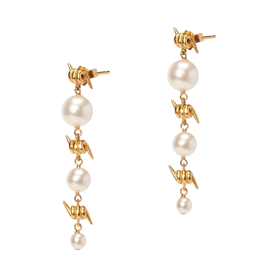 Forbidden Truths Triple Drop Earrings, white crystal pearl and barbed wire drop dainty earrings in gold.