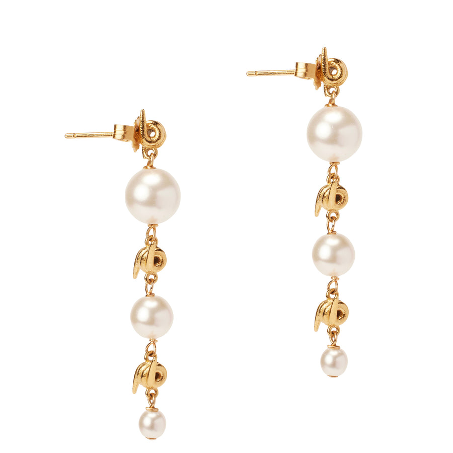 Forbidden Truths Triple Drop Earrings, white crystal pearl and barbed wire drop dainty earrings in gold.