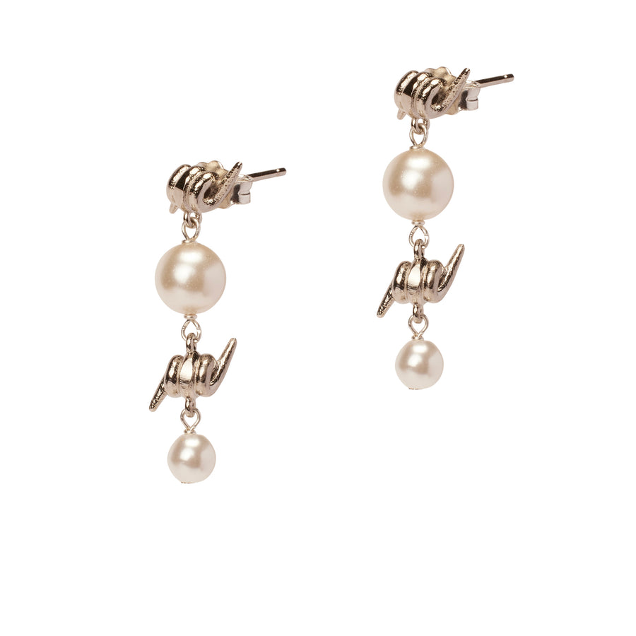 Forbidden Truths Double Drop Earrings, white crystal pearl and barbed wire drop dainty earrings in silver.