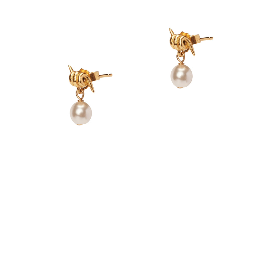 Forbidden Truths Single Drop Earrings, white crystal pearl and barbed wire drop dainty earrings in gold.