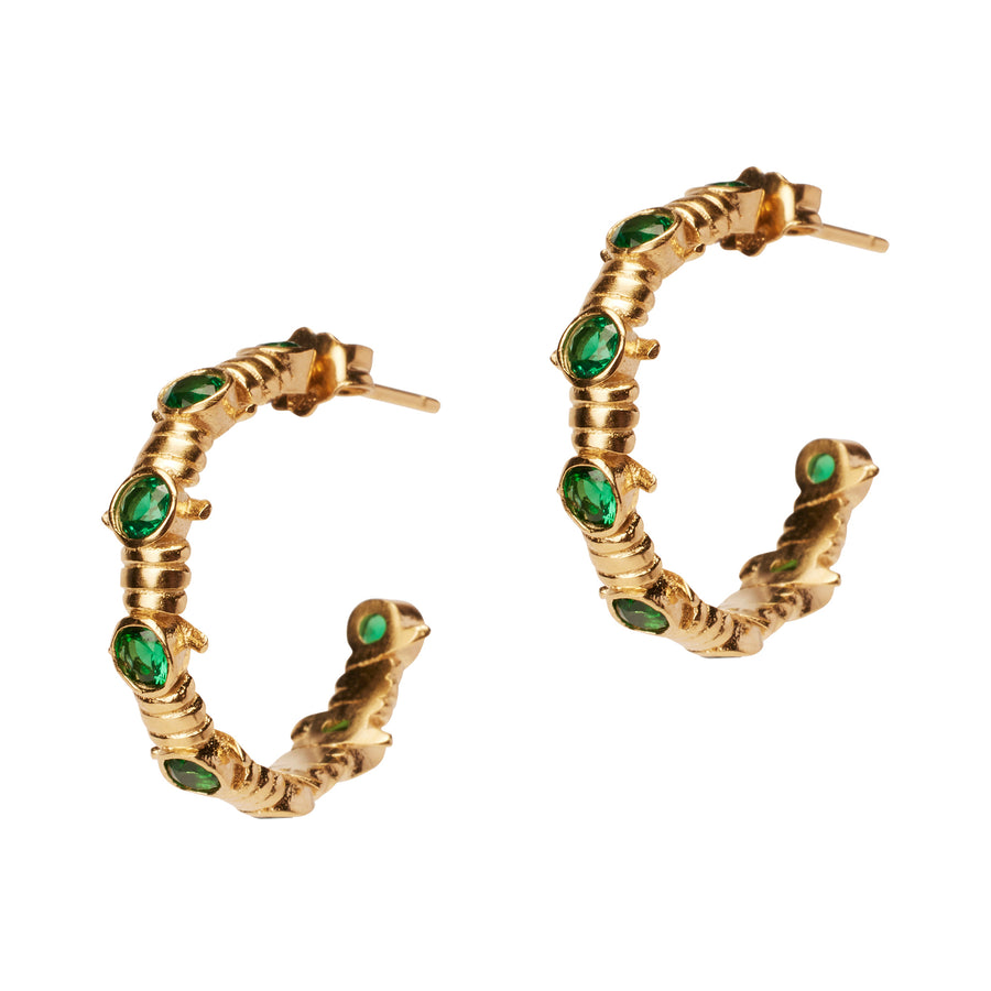 Caught Up Earrings by Thorne Dynasty in gold with emerald details.