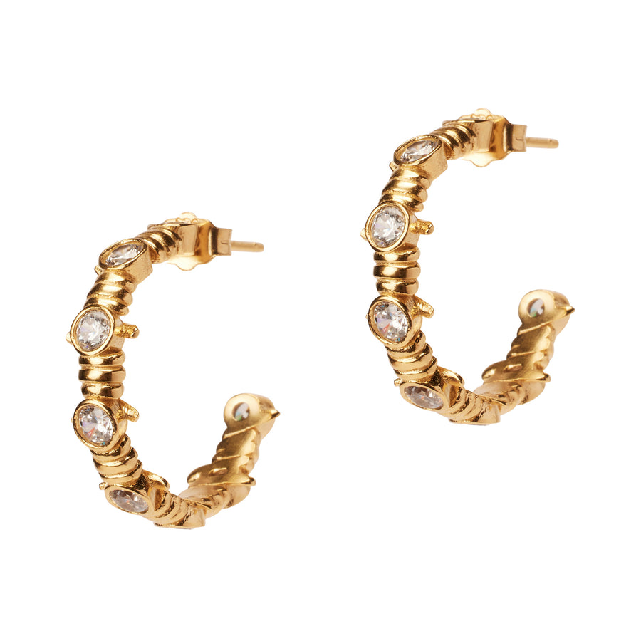 Caught Up Earrings by Thorne Dynasty in gold with clear crystal details.