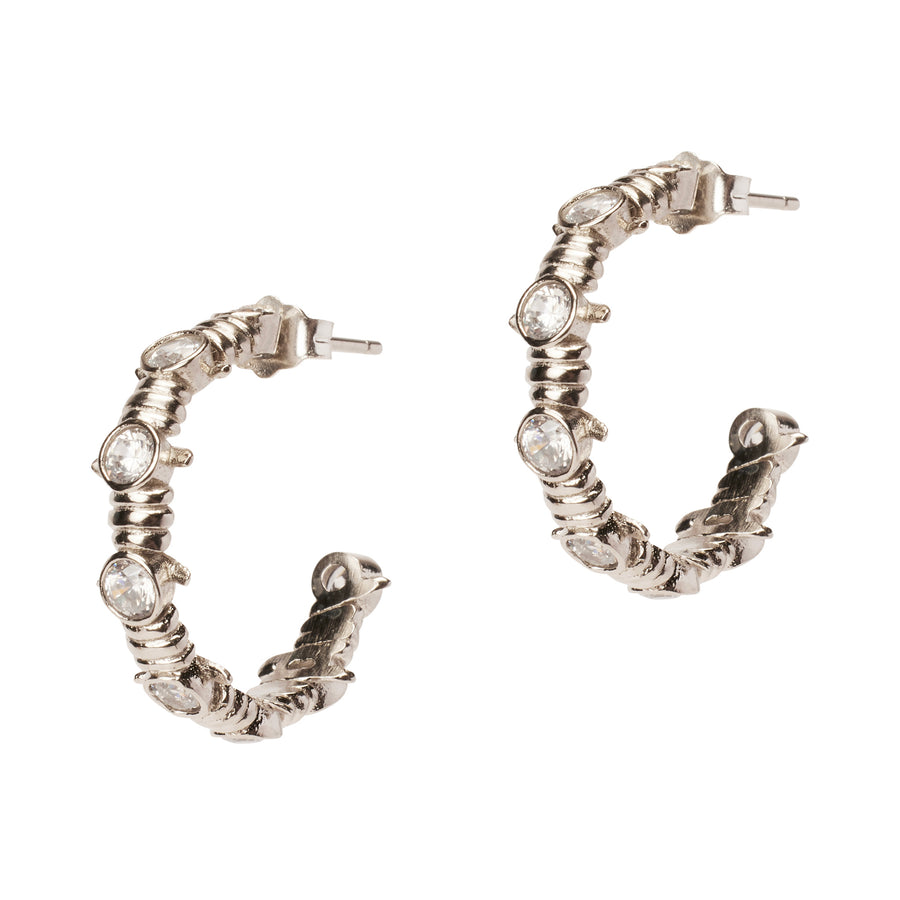 Caught Up Earrings by Thorne Dynasty in silver with clear crystal details.