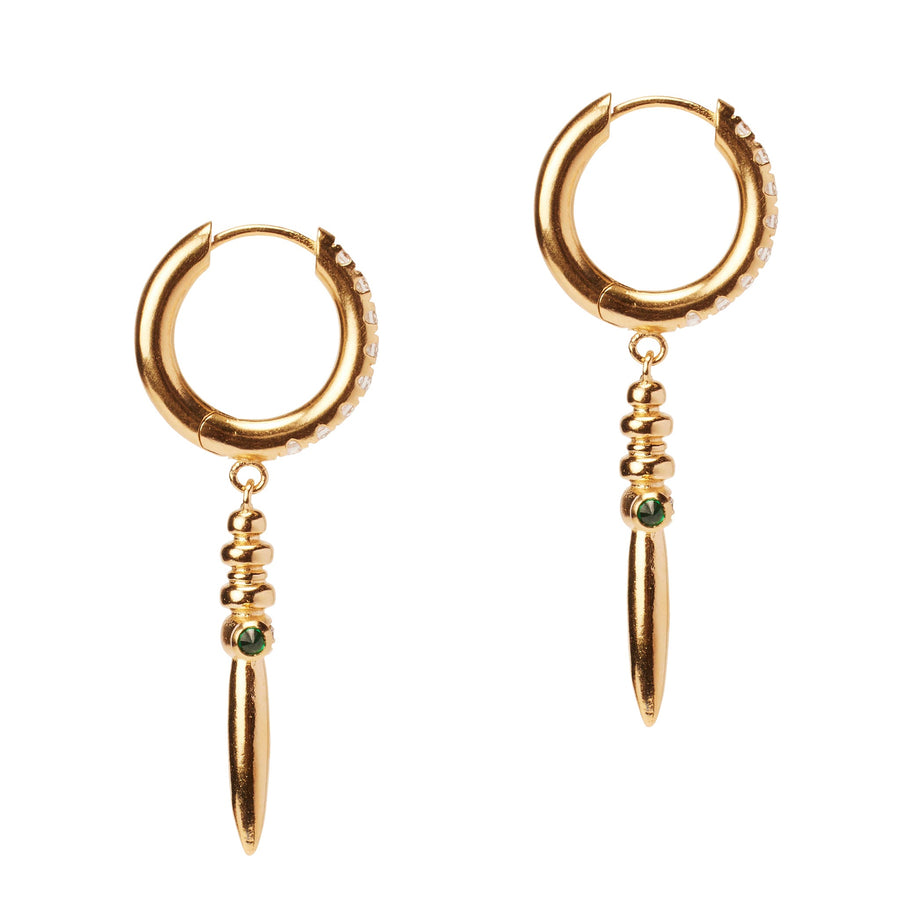 Betrayal Dagger Huggies, crystal paved huggie hoop gold earrings with a dagger charm.