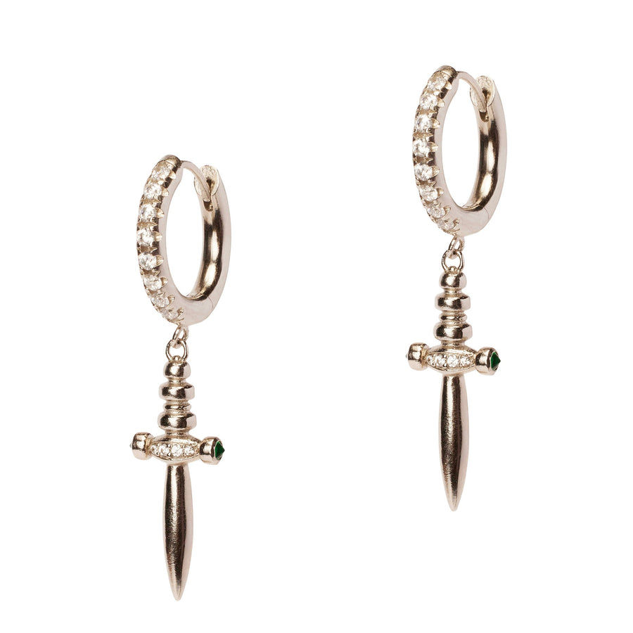 Betrayal Dagger Huggies, crystal paved huggie hoop silver earrings with a dagger charm.
