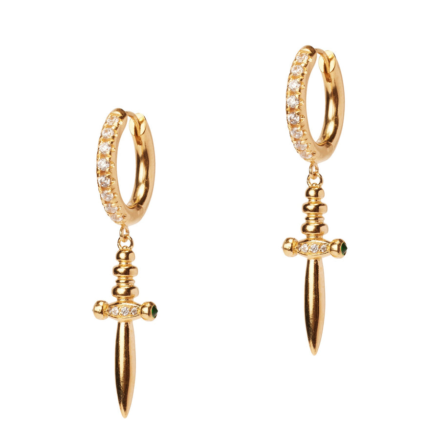 Betrayal Dagger Huggies, crystal paved huggie hoop gold earrings with a dagger charm.