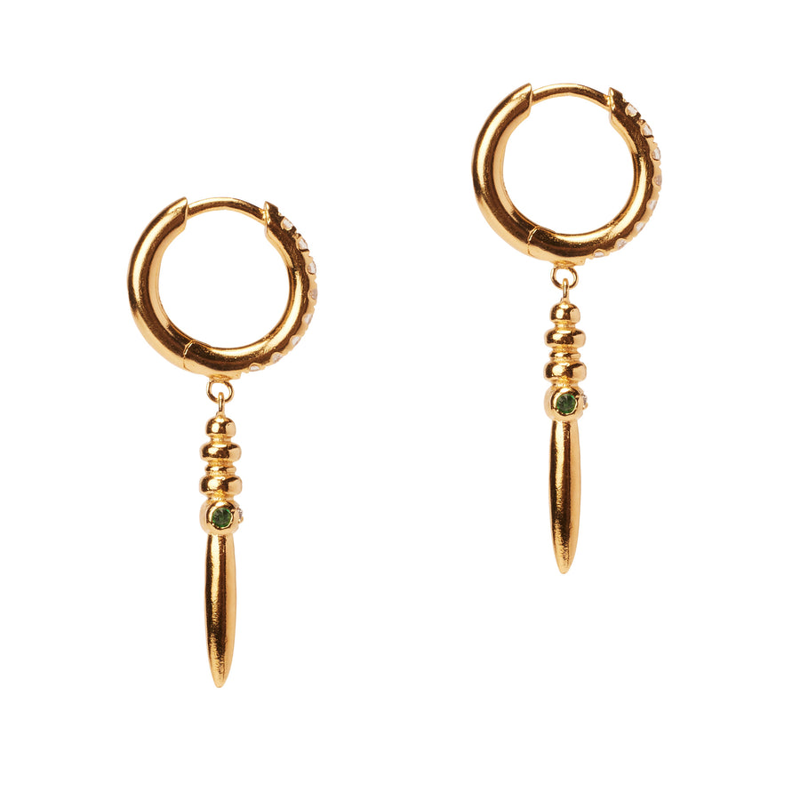 Crystal paved huggie hoop gold earrings with a dagger charm